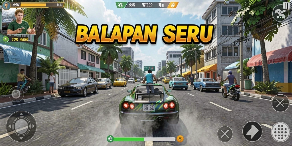 Screenshot gameplay 66K menampilkan aksi balapan yang mendebarkan.