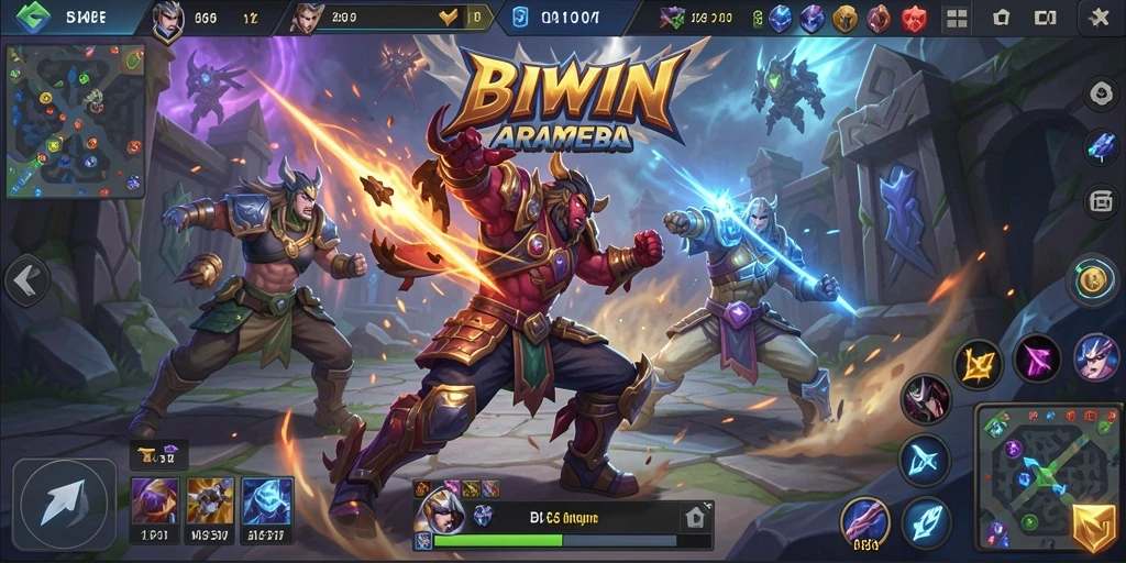 Screenshot gameplay BIWIN dengan pertarungan tim yang mendebarkan.