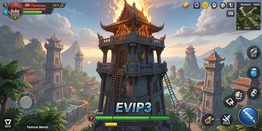 Tangkapan layar gameplay EVIP3 menampilkan aksi menara pertahanan yang mendebarkan.