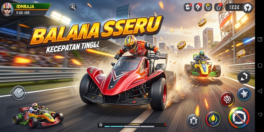 Screenshot gameplay IDNRAJA yang menggambarkan balapan mendebarkan.