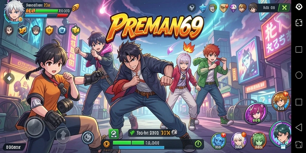 Tampilan seru gameplay PREMAN69 dengan karakter-karakter anime.